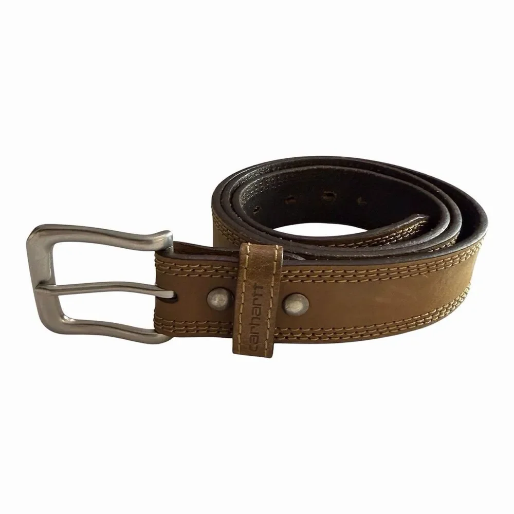 Carhartt Detroit Top Grain Leather Brown Men Size 38 Belt Triple Stitch Classic